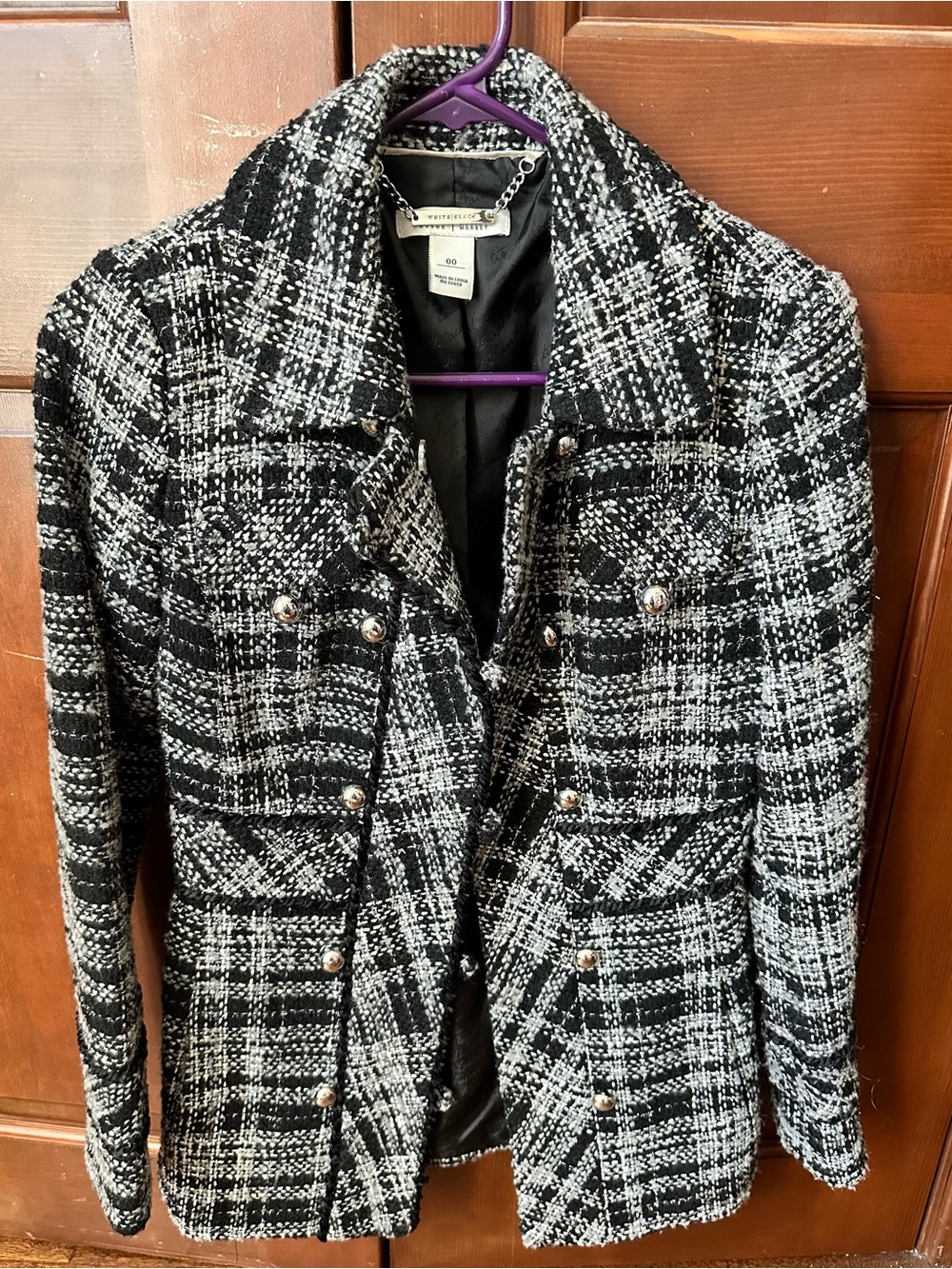 White House Black Market Black & White Tweed Blazer with Silver Buttons